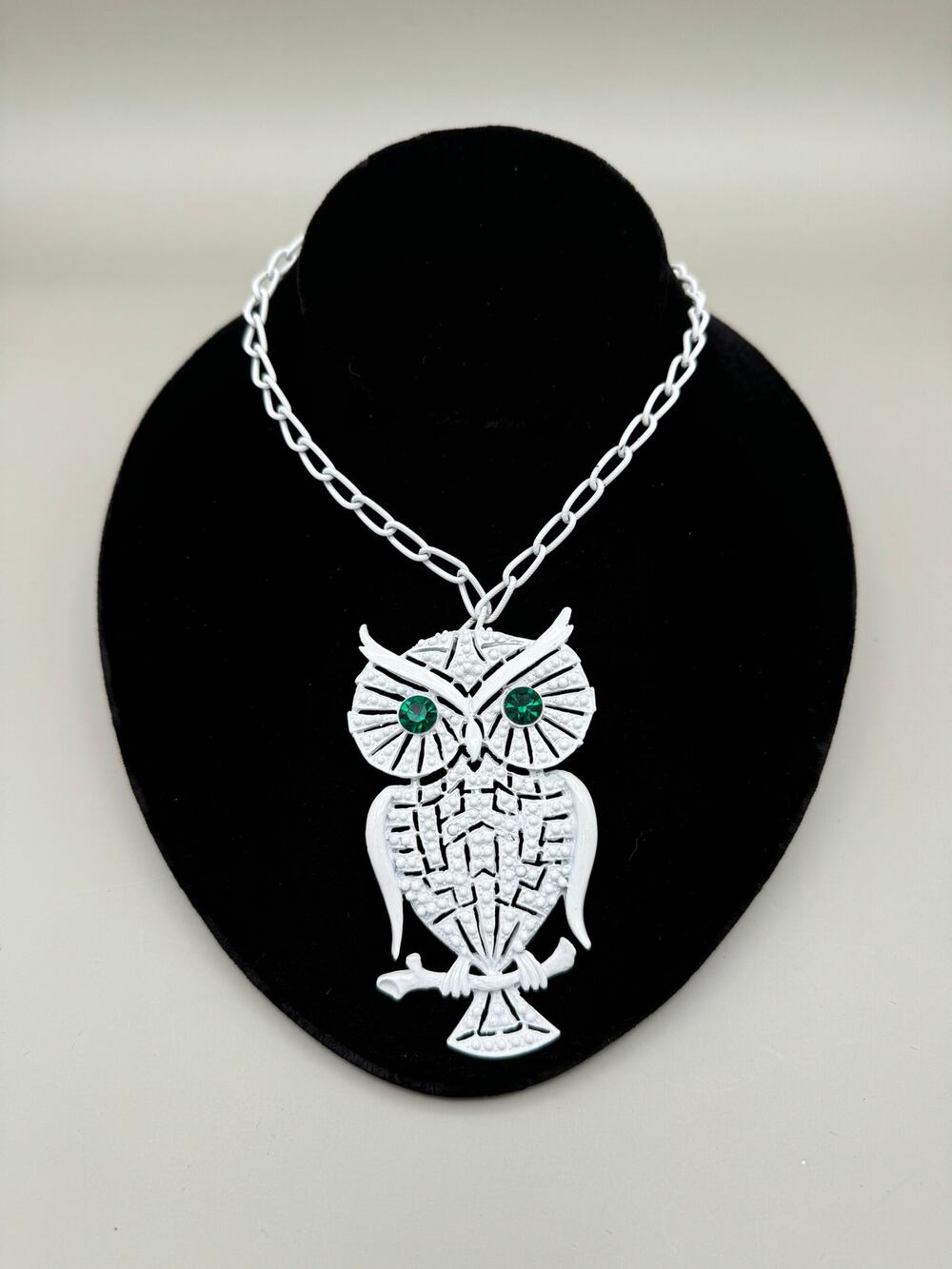 Vintage White Horned Owl with Emerald Rhinestone Eyes Pendant Necklace